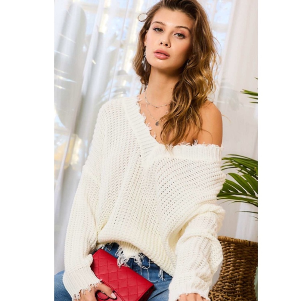 V-Neck Frayed Sweater